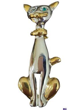2 Tone Siamese Cat Brooch Pin Silvertone Goldtone Collar Green Rhinestone Eyes